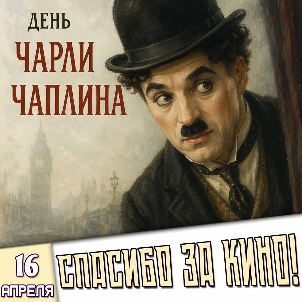 Открытка "16 апреля - день Чарли Чаплина! Спасибо за кино!"