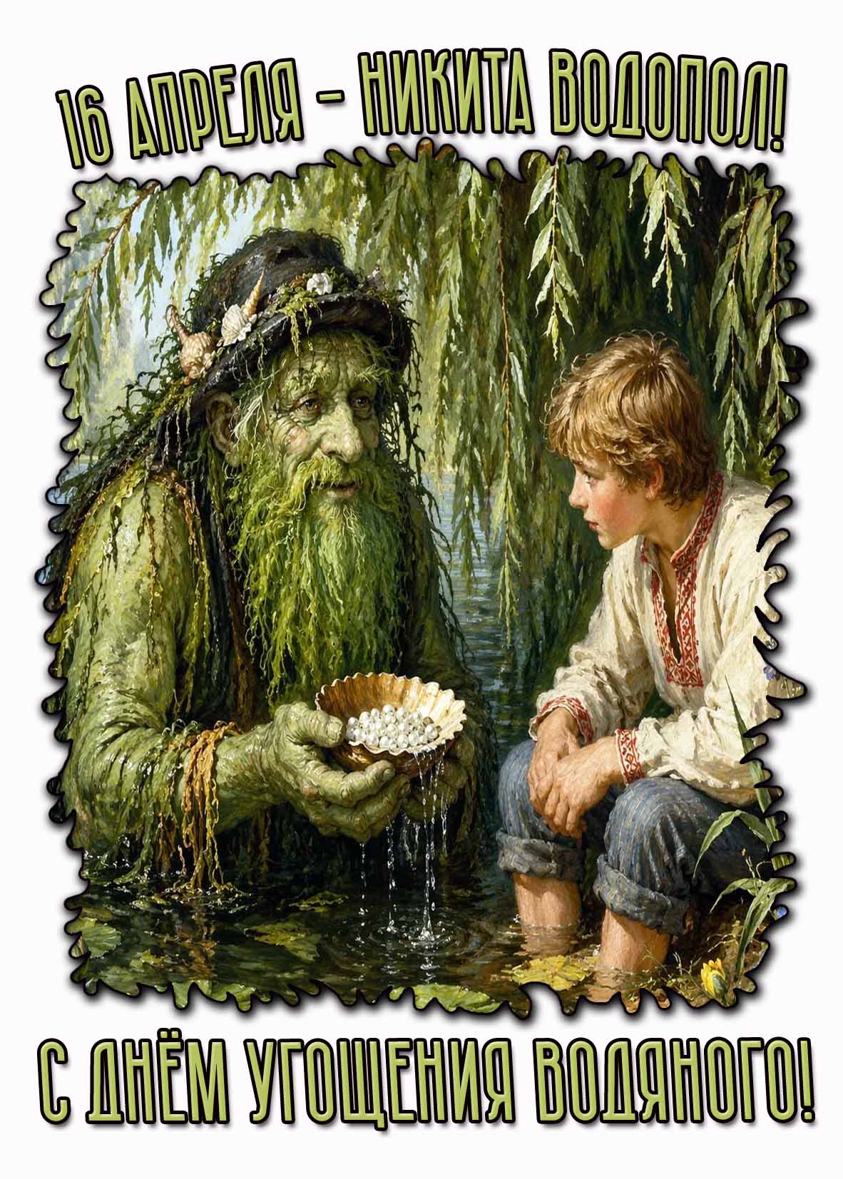 Открытка "16 апреля - Никита Водопол! С днём угощения водяного!"