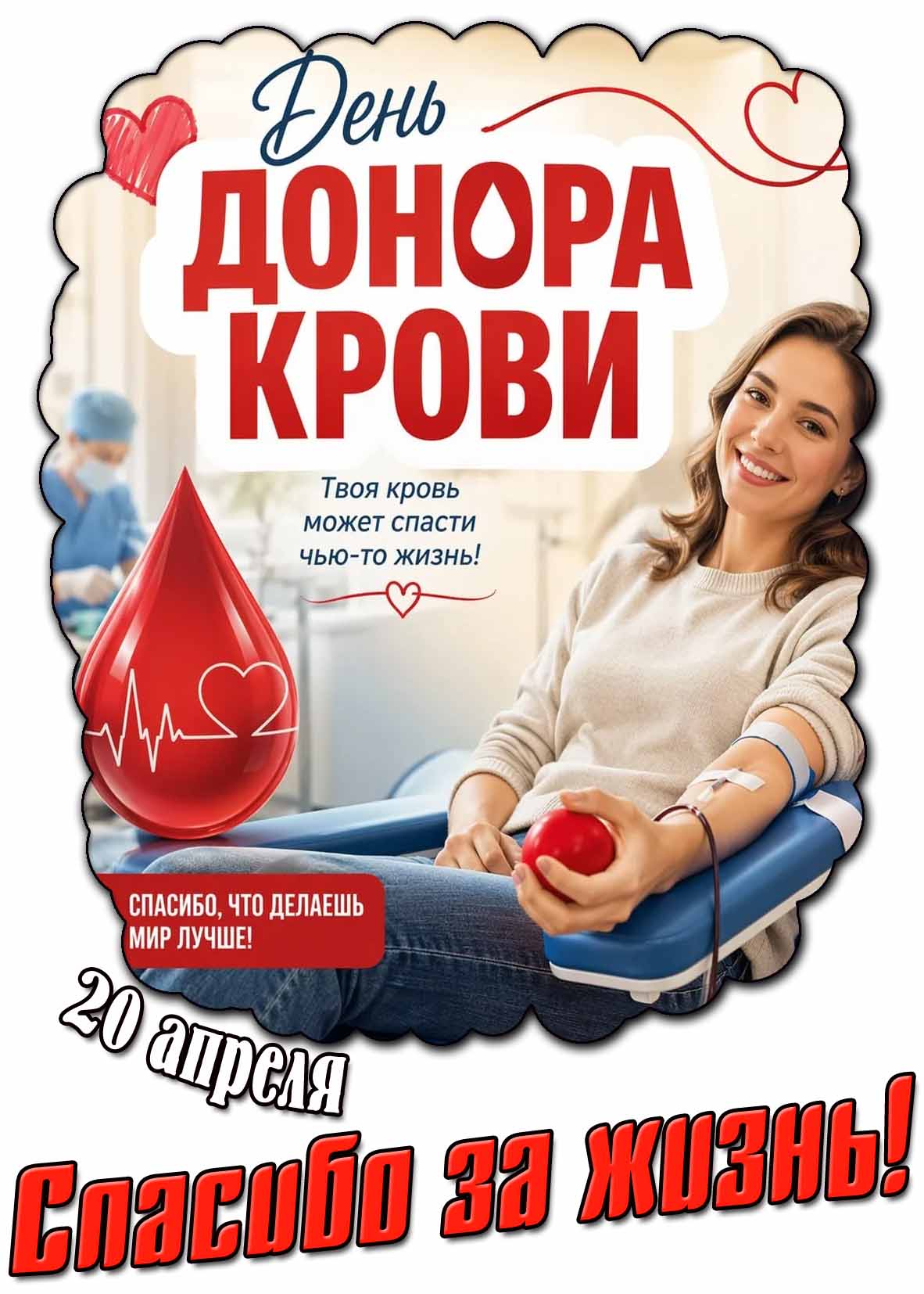 Открытка "20 апреля - день донора крови! Твоя кровь может спасти чью-жизнь! Спасибо за жизнь!"