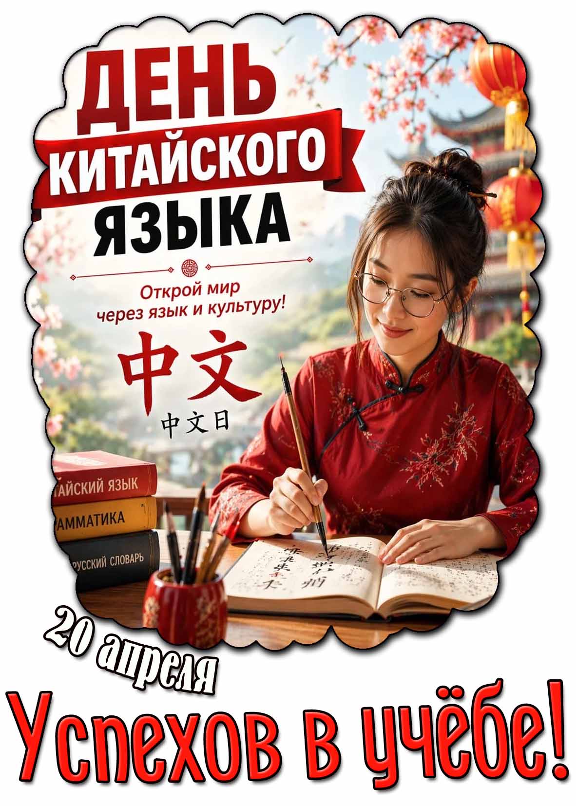 Открытка "20 апреля - день китайского языка! Открой мир через язык и культуру! Успехов в учёбе!"