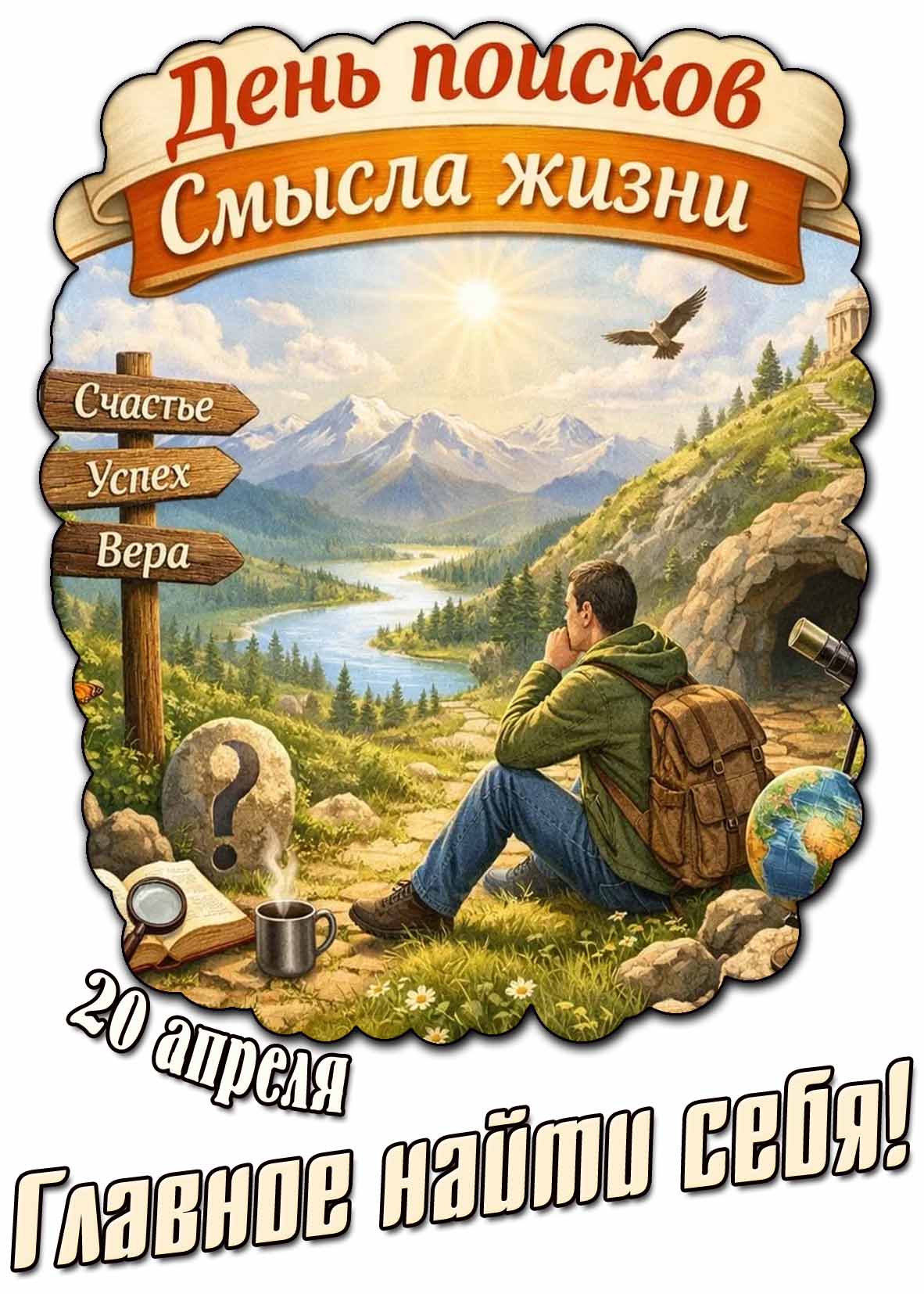Открытка "20 апреля - день поисков смысла жизни! Главное найти себя!"