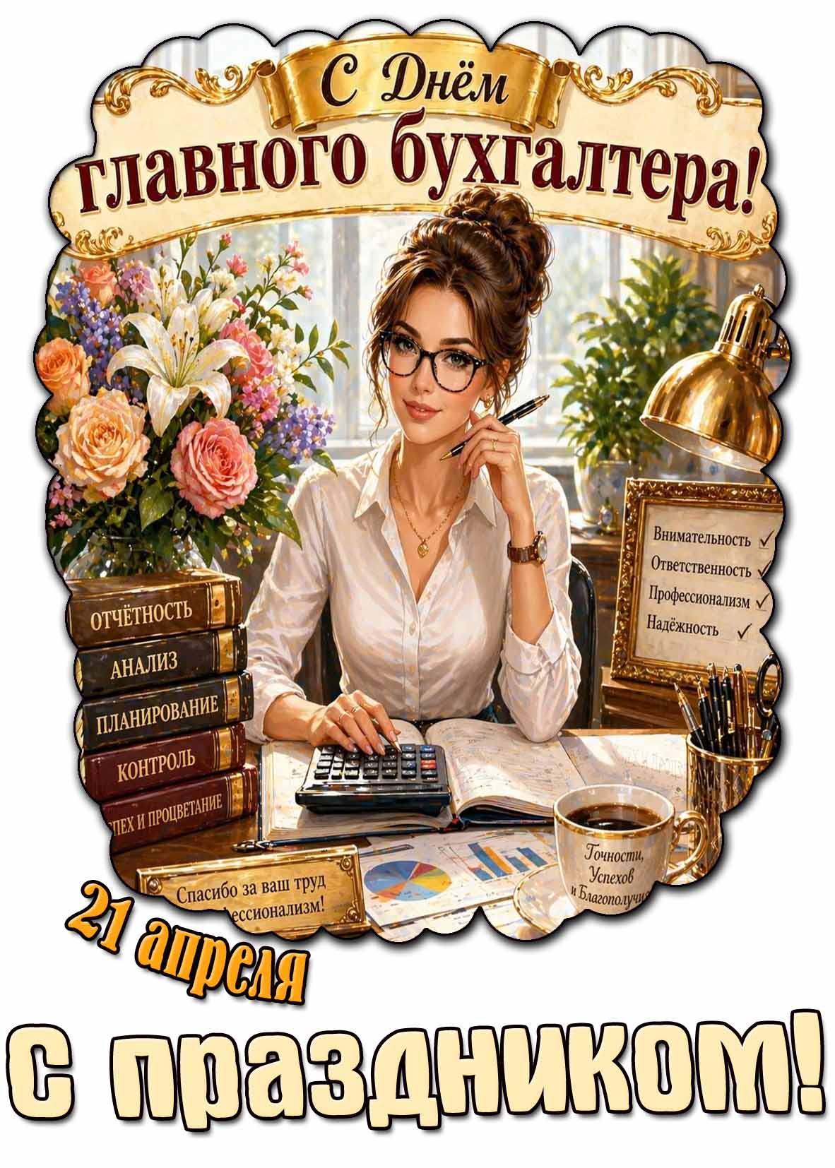 Красивая открытка с девушкой и цветами к 21 апреля - с днём главного бухгалтера! С праздником! Спасибо за ваш труд и профессионализм! Точности, успехов и благополучия! Открытка "21 апреля - с днём главного бухгалтера! С праздником!"
