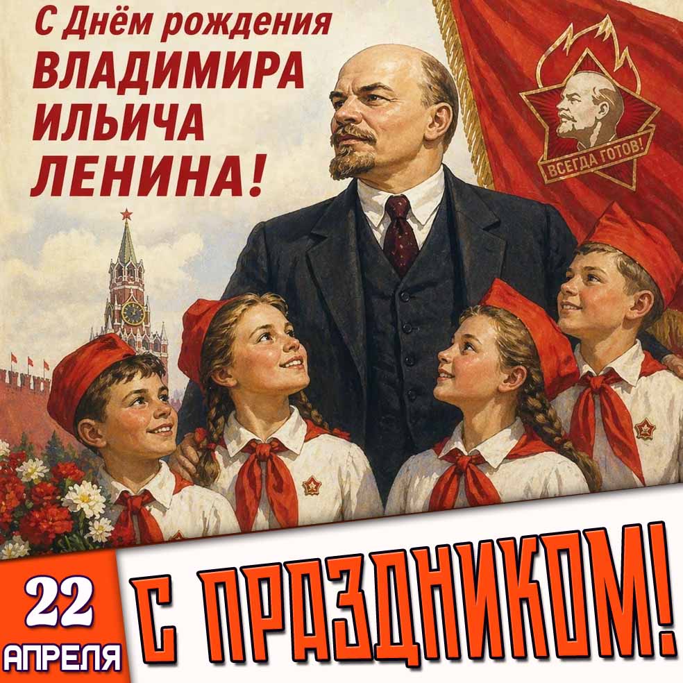 Открытка "22 апреля - С днём рождения Владимира Ильича Ленина! С праздником!"
