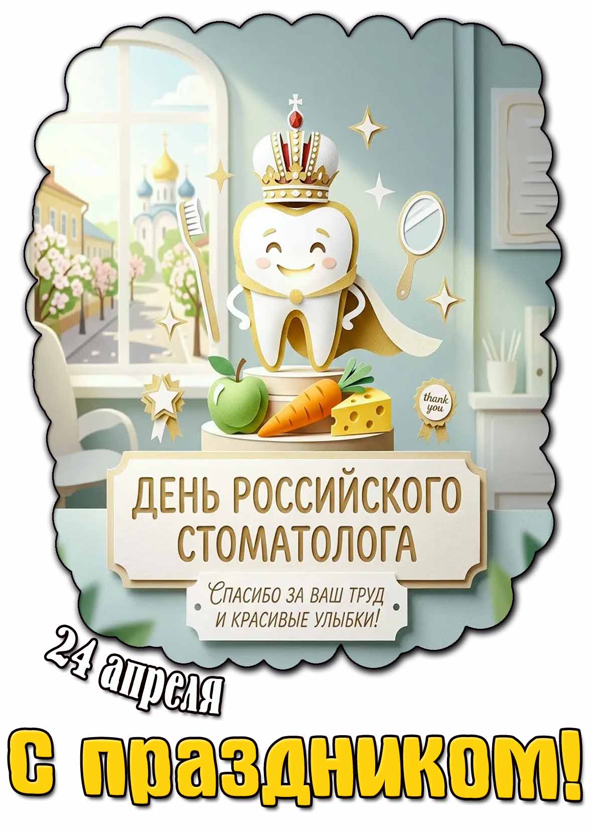 Открытка "24 апреля - день российского стоматолога! Спасибо за ваш труд и красивые улыбки! С праздником!"