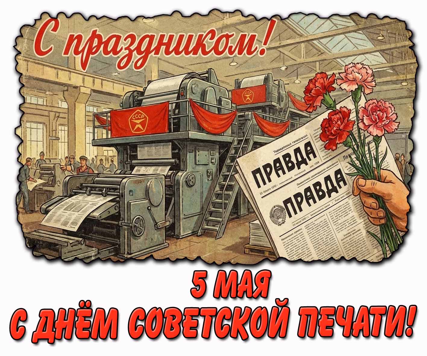 Открытка "5 мая - с днём советской печати! С праздником!"