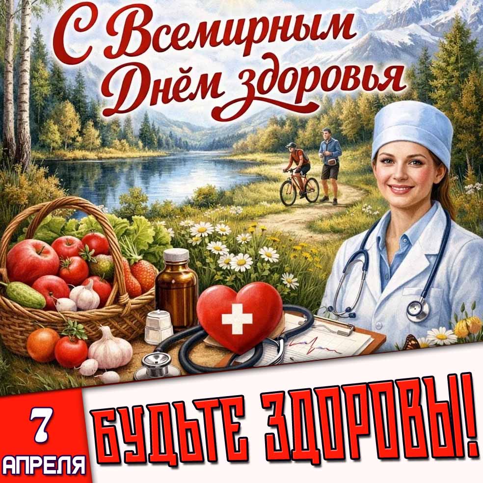 Открытка "7 апреля - с Всемирным днём здоровья! Будьте здоровы!"