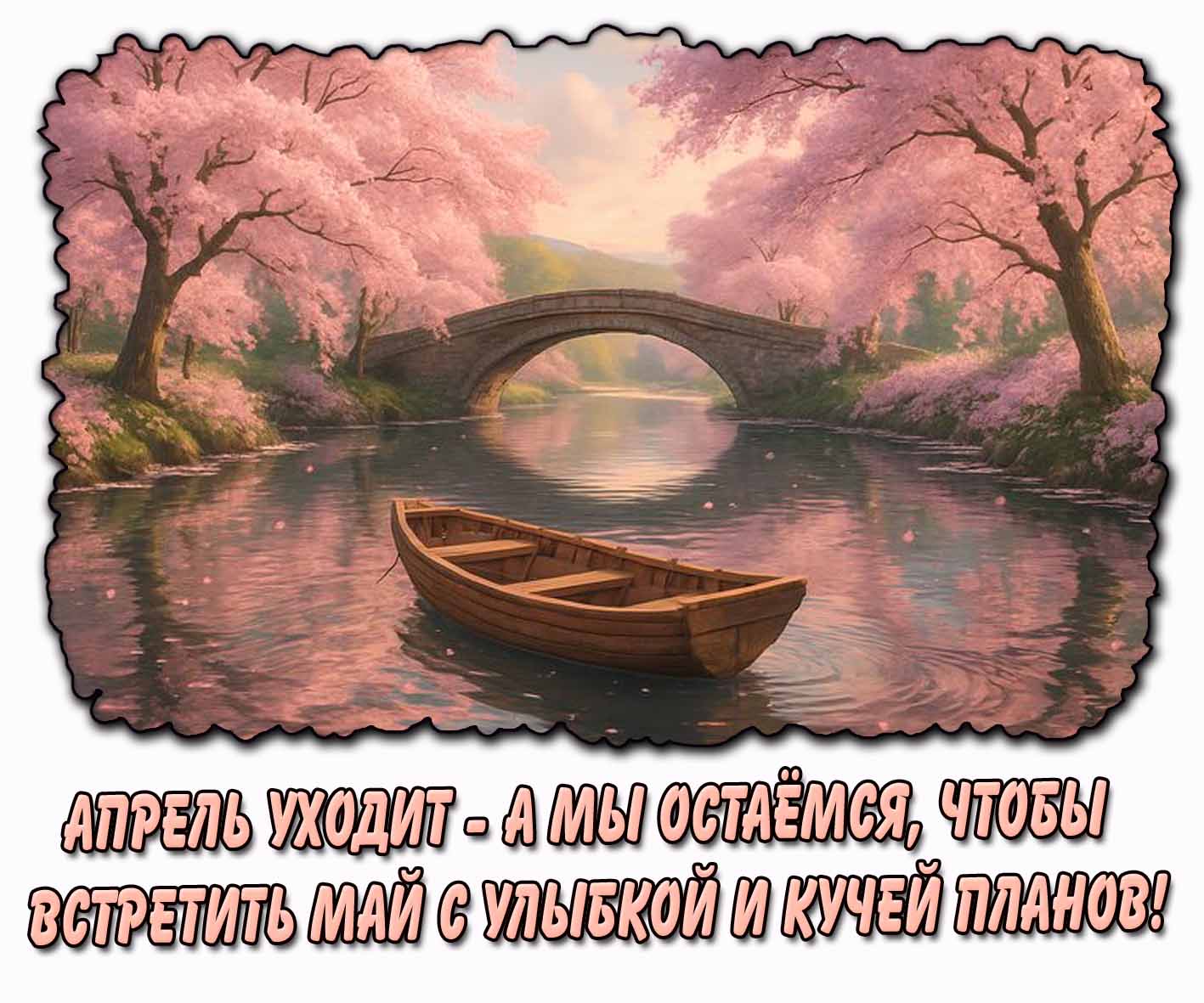 Открытка "Апрель уходит - а мы остаёмся, чтобы встретить май с улыбкой и кучей планов!"