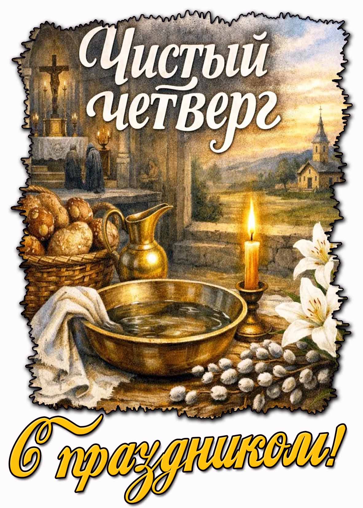 Красивая открытка с цветами и свечой на : Чистый четверг! С праздником!