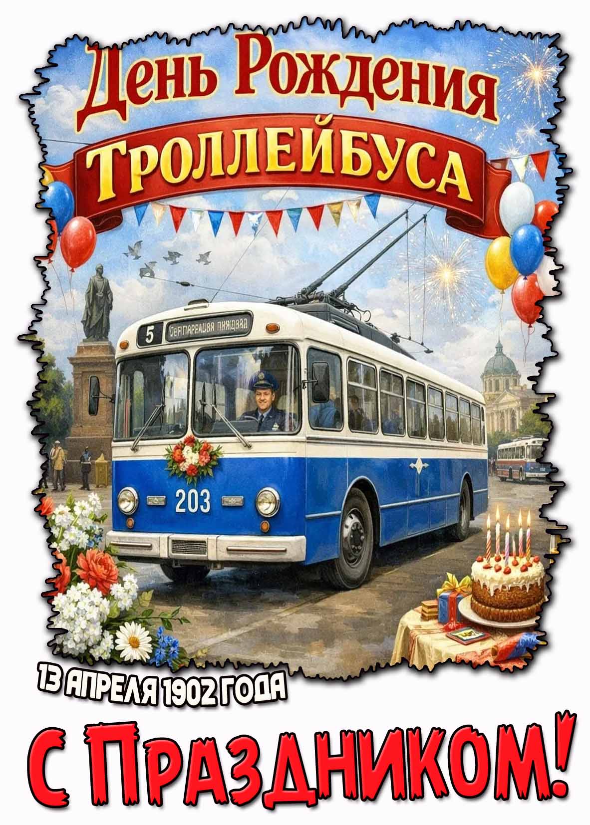 Открытка "День рождения троллейбуса 13 апреля 1902 года! С праздником!"