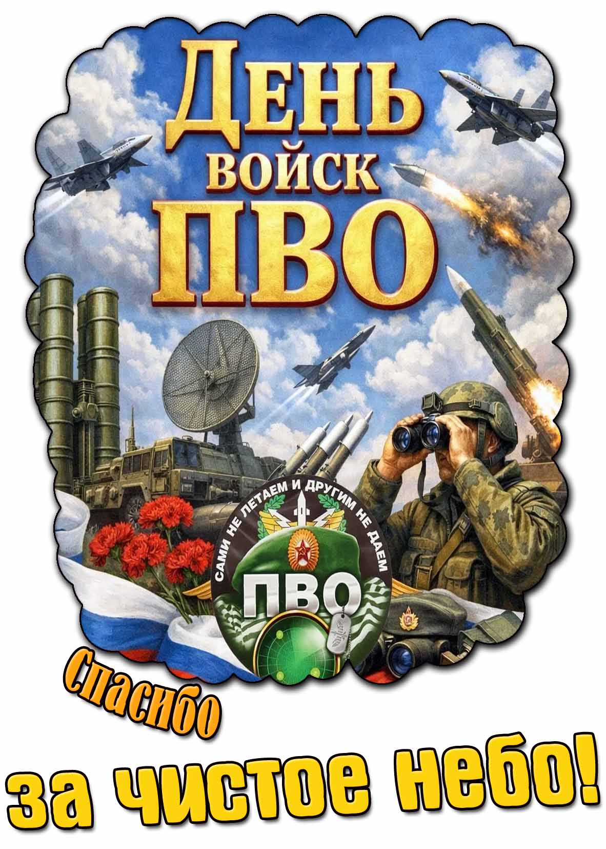 Красивая поздравительная открытка для военного на : День войск ПВО! Спасибо за чистое небо! «Сами не летаем и другим не даём!». Открытка на "День войск ПВО! Спасибо за чистое небо!"
