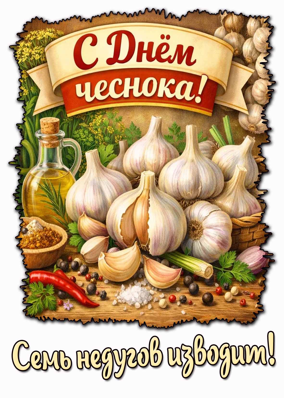 Открытка "С днём чеснока! Семь недугов изводит!"