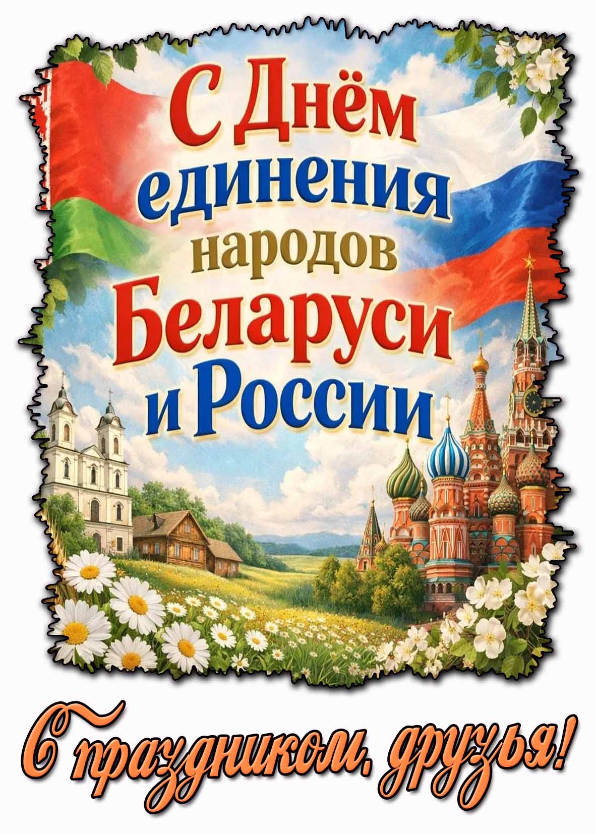 Открытка "С днём единения народов Беларуси и России! С праздником, друзья!"