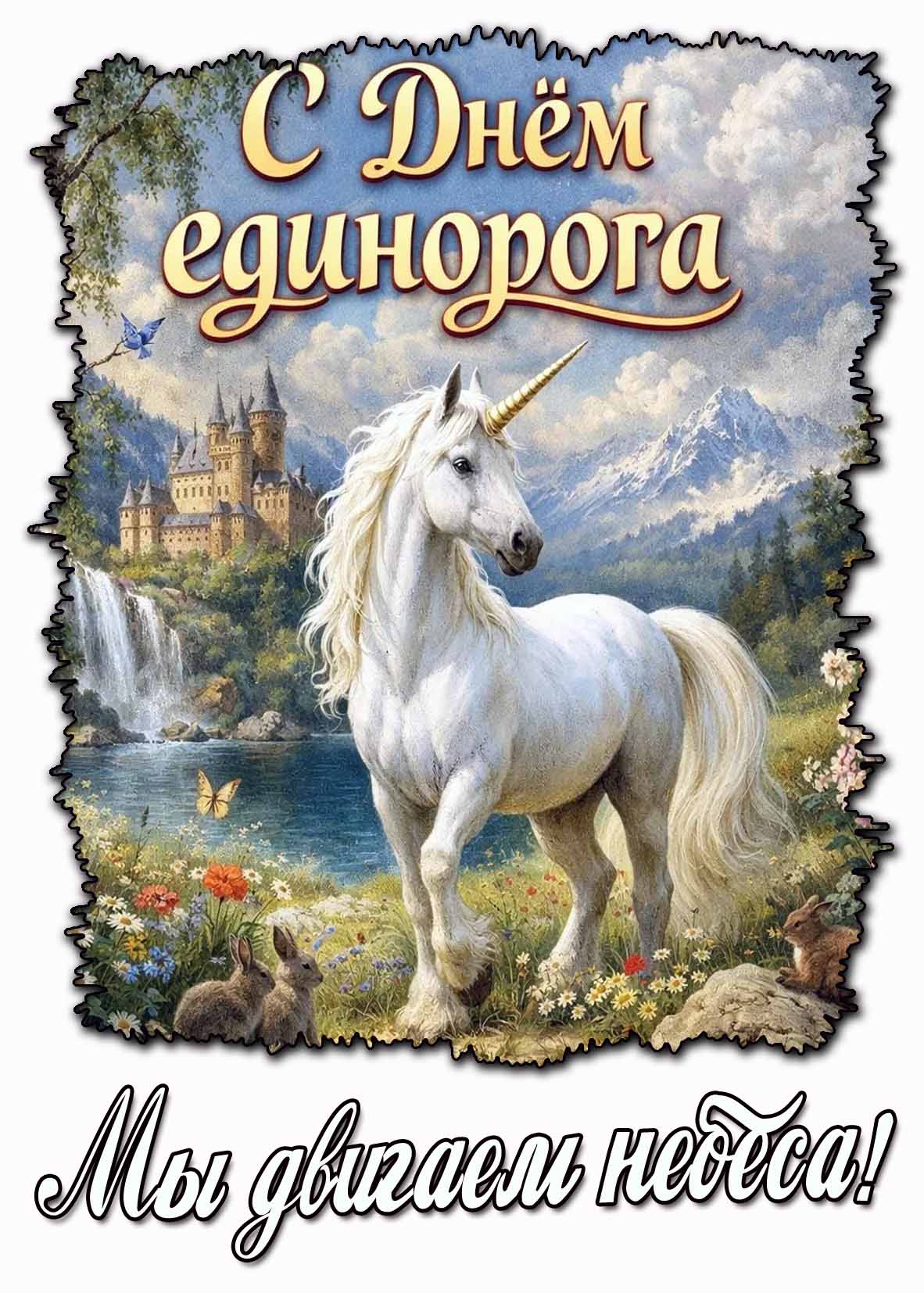 Открытка "С днём единорога! Мы двигаем небеса!"