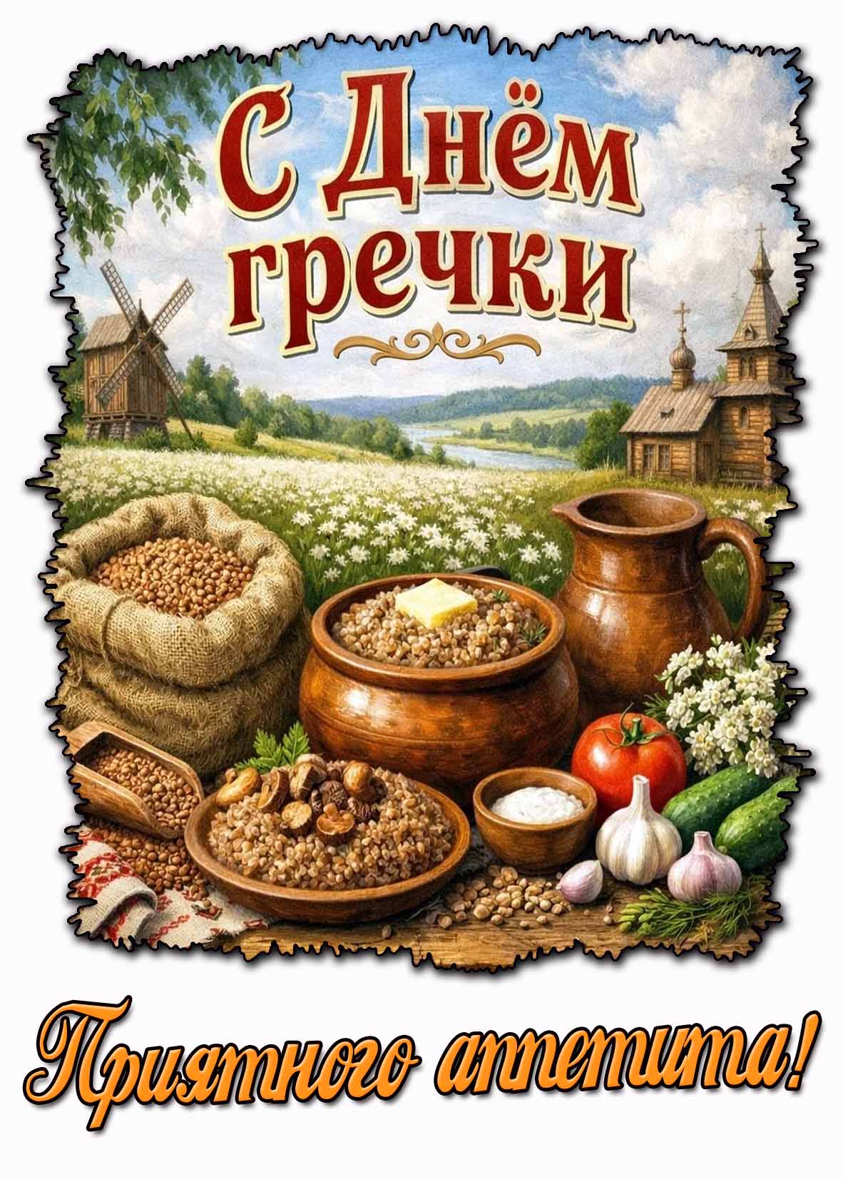 Открытка "С днём гречки! Приятного аппетита!"
