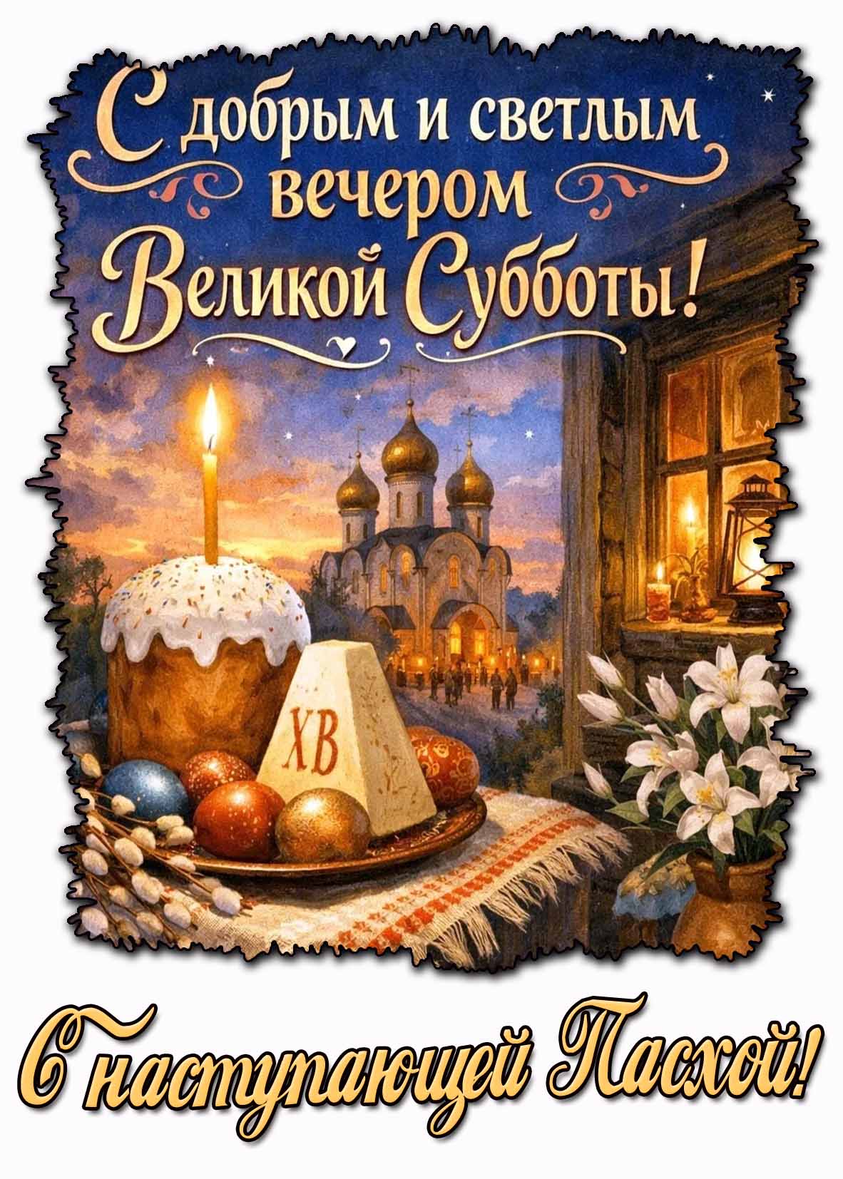 Открытка "С добрым и светлым вечером Великой субботы! С наступающей Пасхой!"