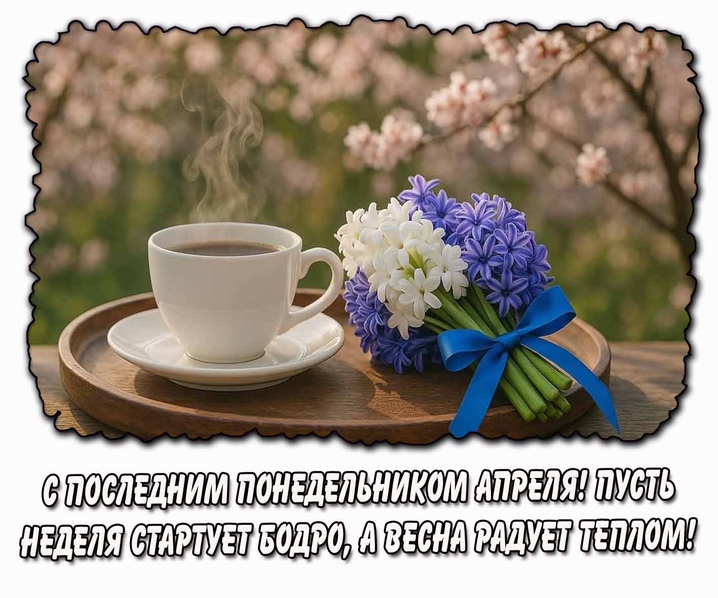 Открытка "С последним понедельником апреля! Пусть неделя стартует бодро, а весна радует теплом!"