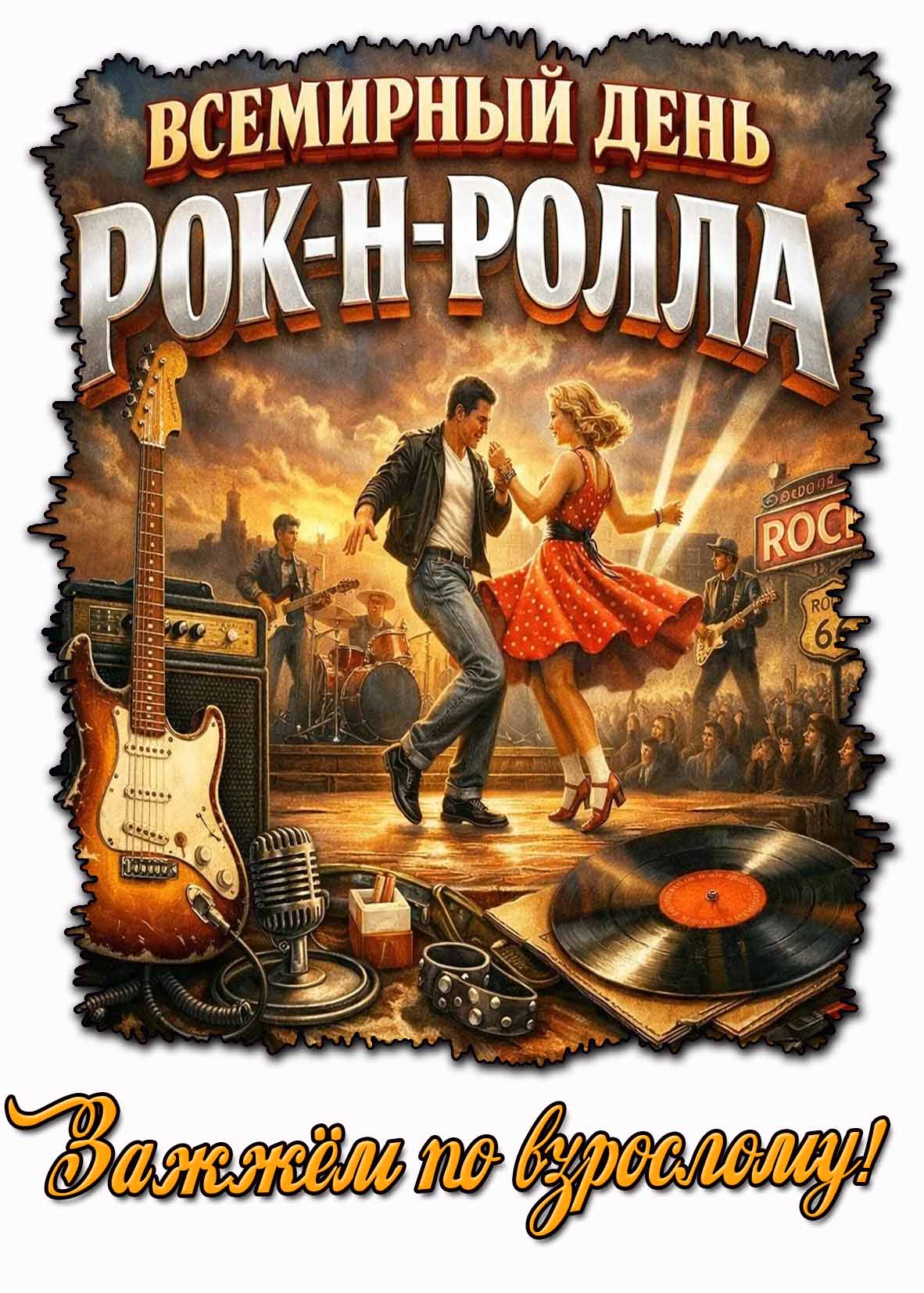 Открытка "Всемирный день Рок-н-Ролла! Зажжём по взрослому!"