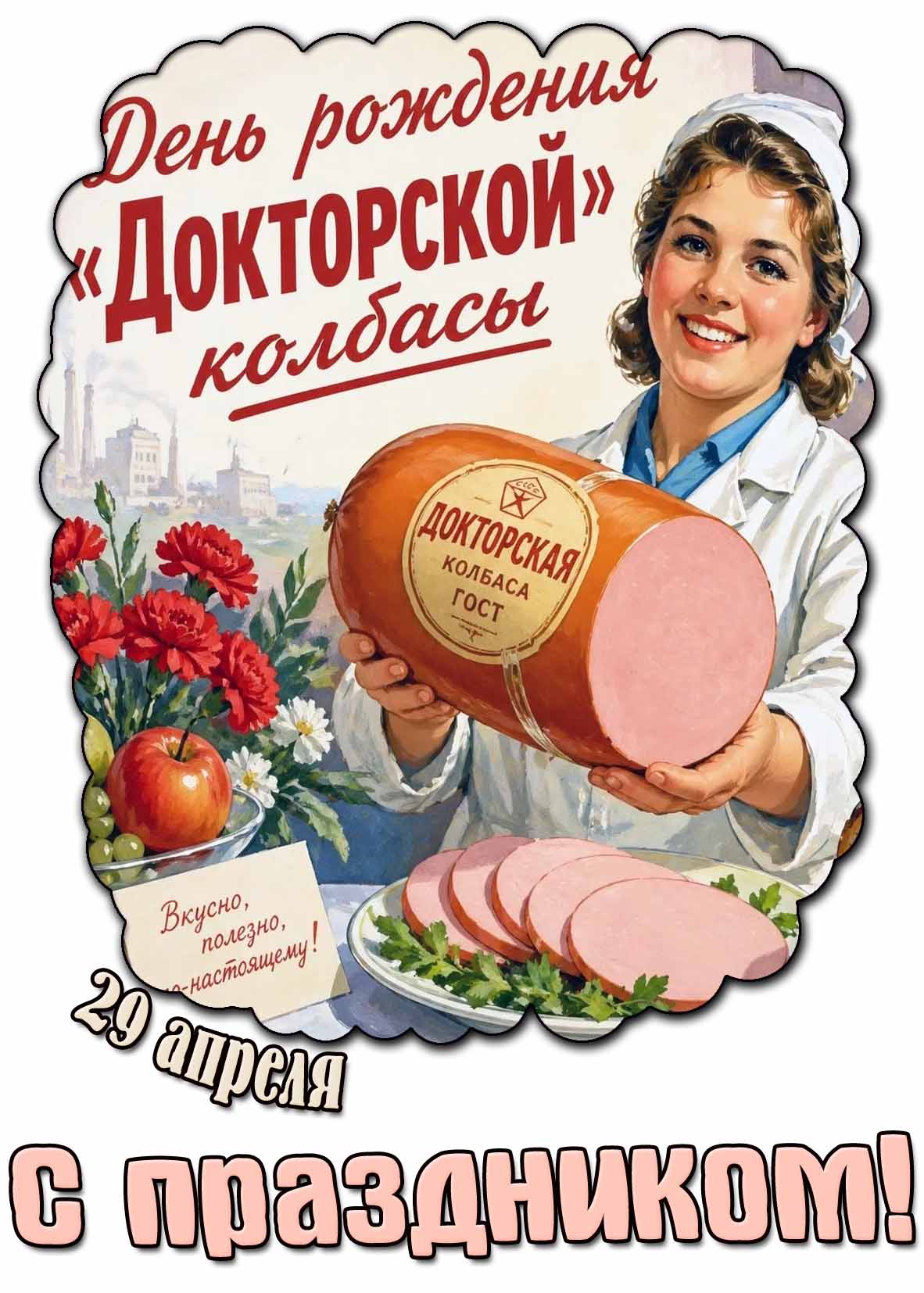 Открытка "29 апреля - день рождения "Докторской" колбасы! С праздником! Вкусно, полезно, по-настоящему!"