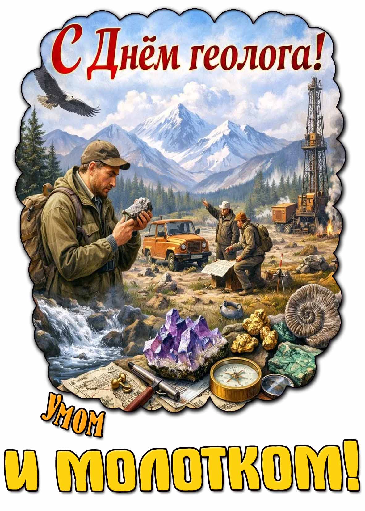 Красивая поздравительная открытка с мужчинами на минеральных залежах, надписью : С днём геолога! И девизом : Умом и молотком! Открытка "С днём геолога! Умом и молотком!"