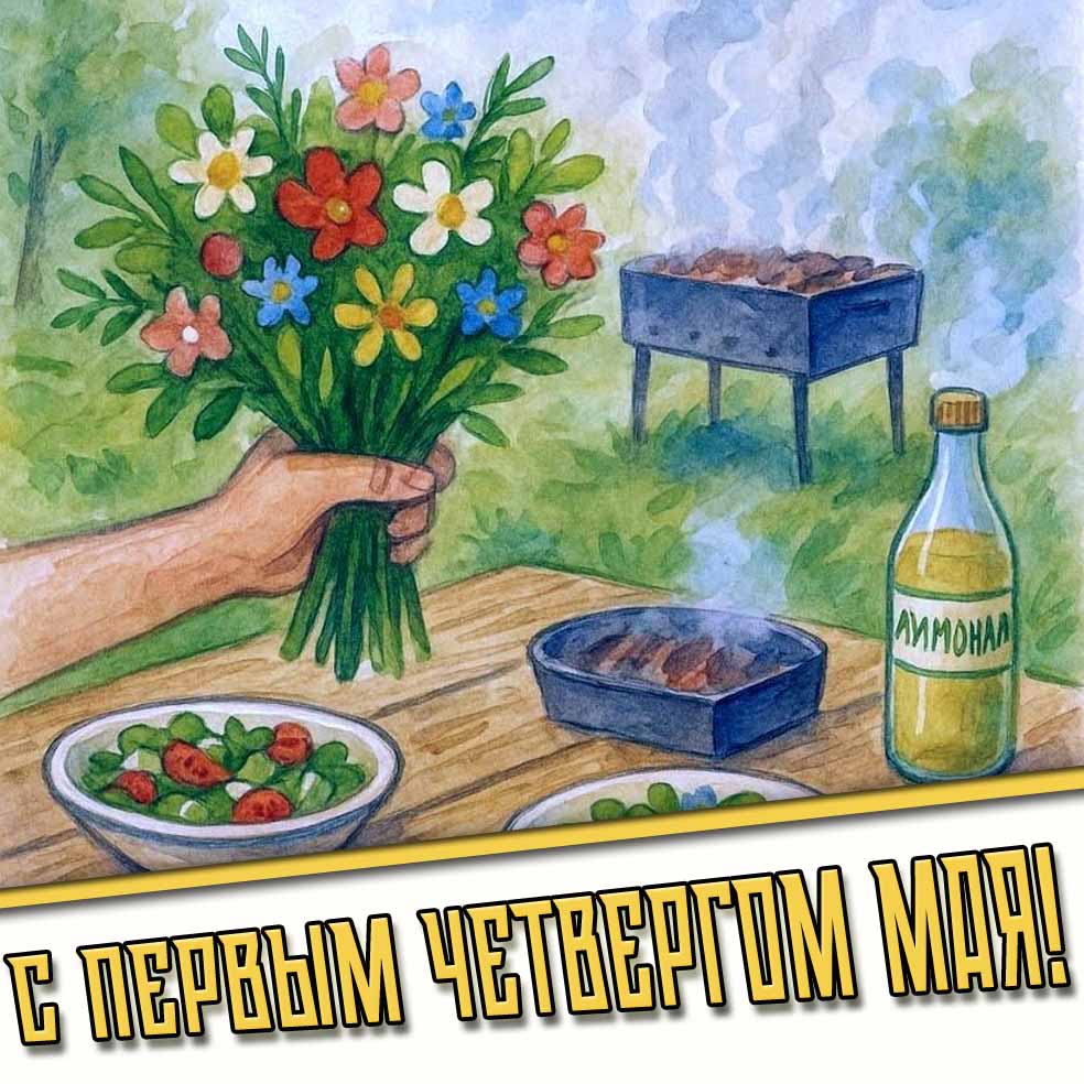С первым четвергом Мая! - картинка с цветами и шашлыками