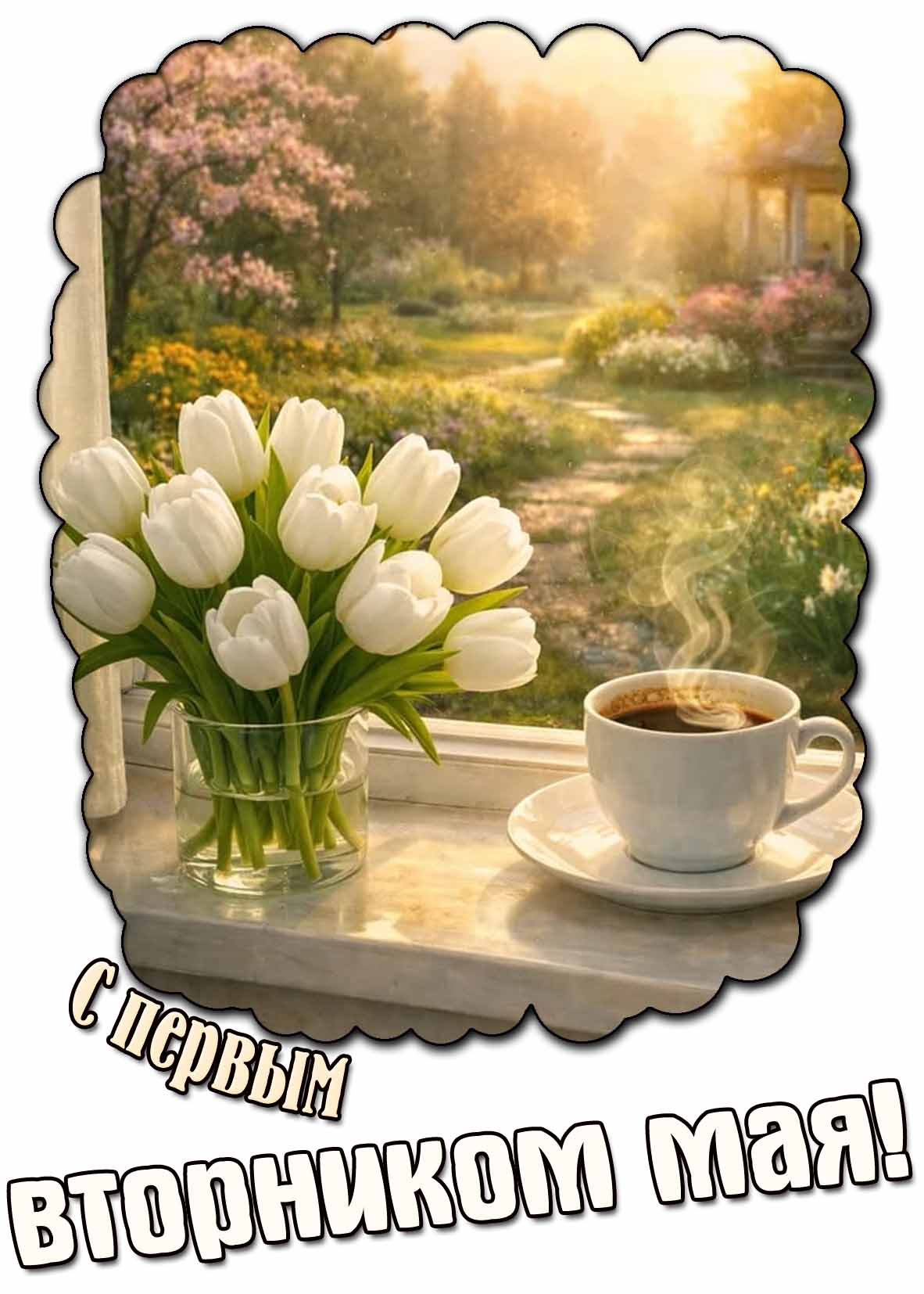 С первым вторником Мая! - открытка с цветами и кофе