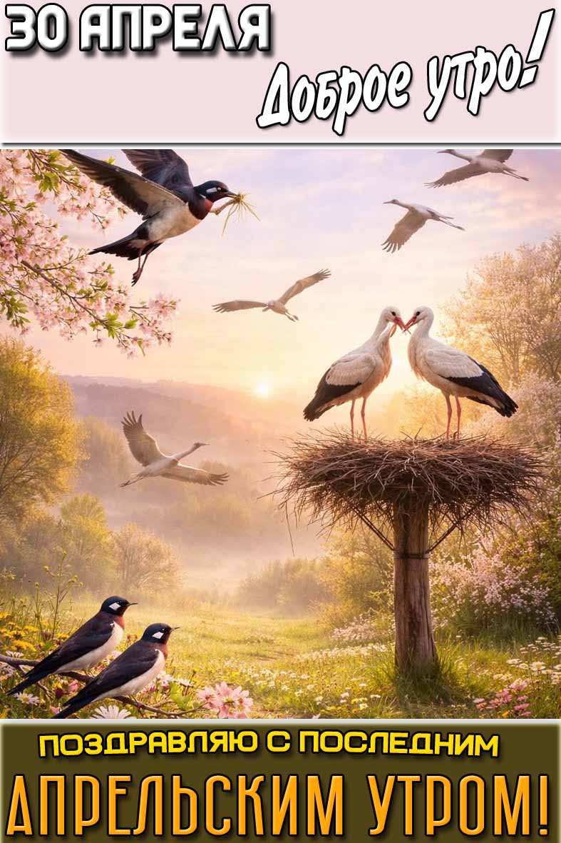 Открытка "30 апреля доброе утро! Поздравляю с последним апрельским утром!"