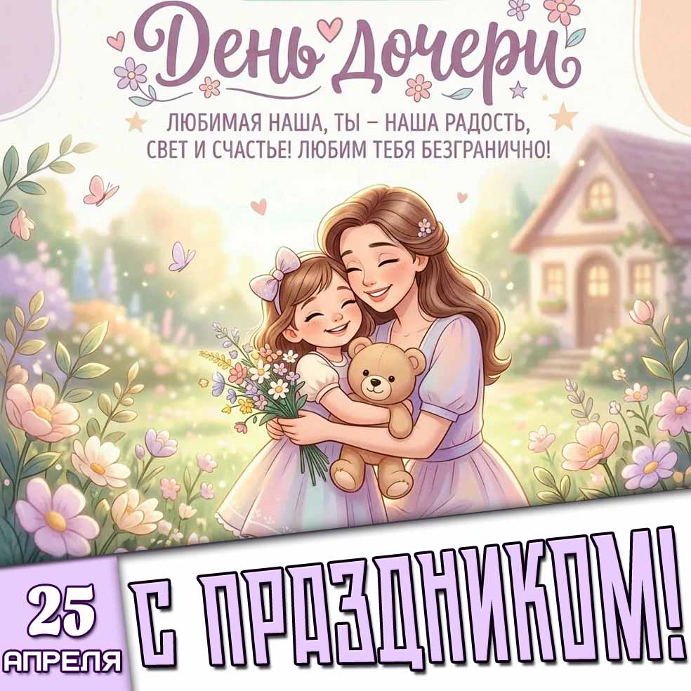 Открытка "25 апреля день дочери! Любимая наша, ты - наша радость, свет и счастье! Любим тебя безгранично! С праздником!"