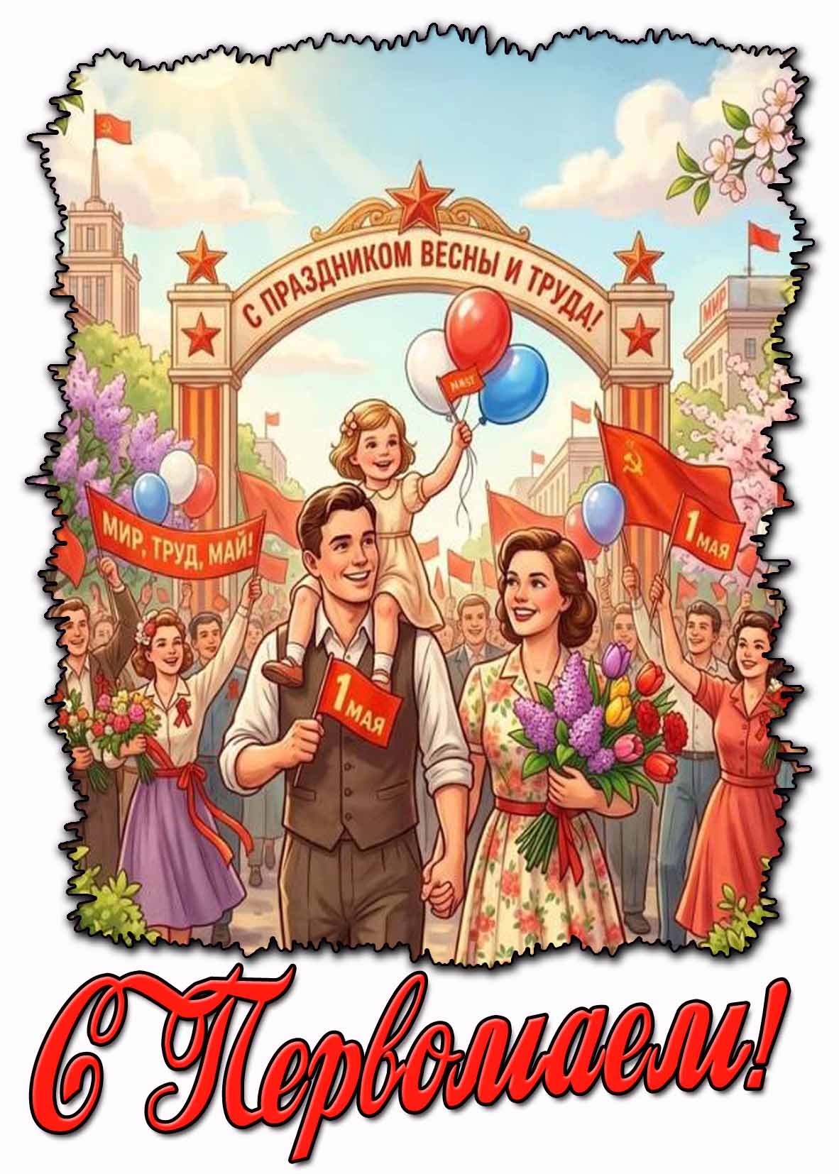 Советская картинка "С Первомаем! C праздником Весны и Труда! Мир, труд, май!"