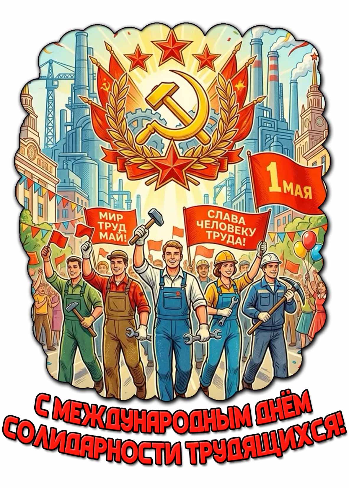 Открытка "С Международным днём солидарности трудящихся! Мир, Труд, Май! Слава человеку труда!" - 1 мая
