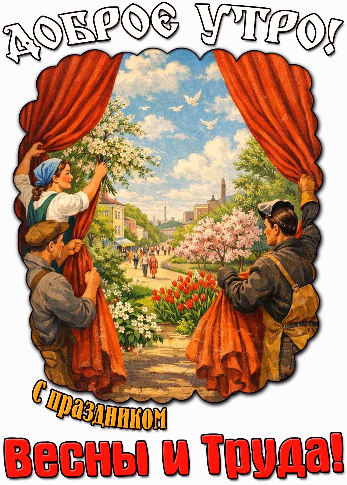 Прикольная Советская открытка "Доброе утро! С праздником Весны и Труда!"