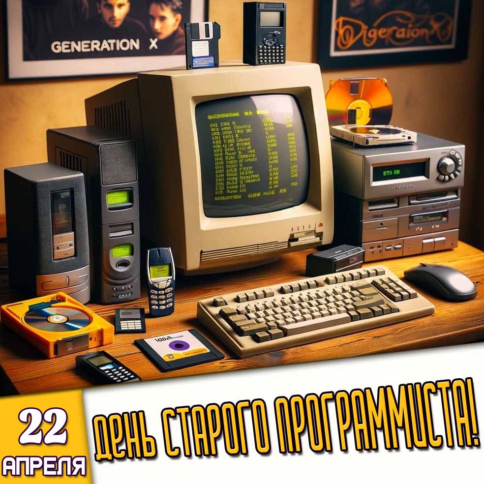 Ретро открытка на день старого программиста - 22 апреля