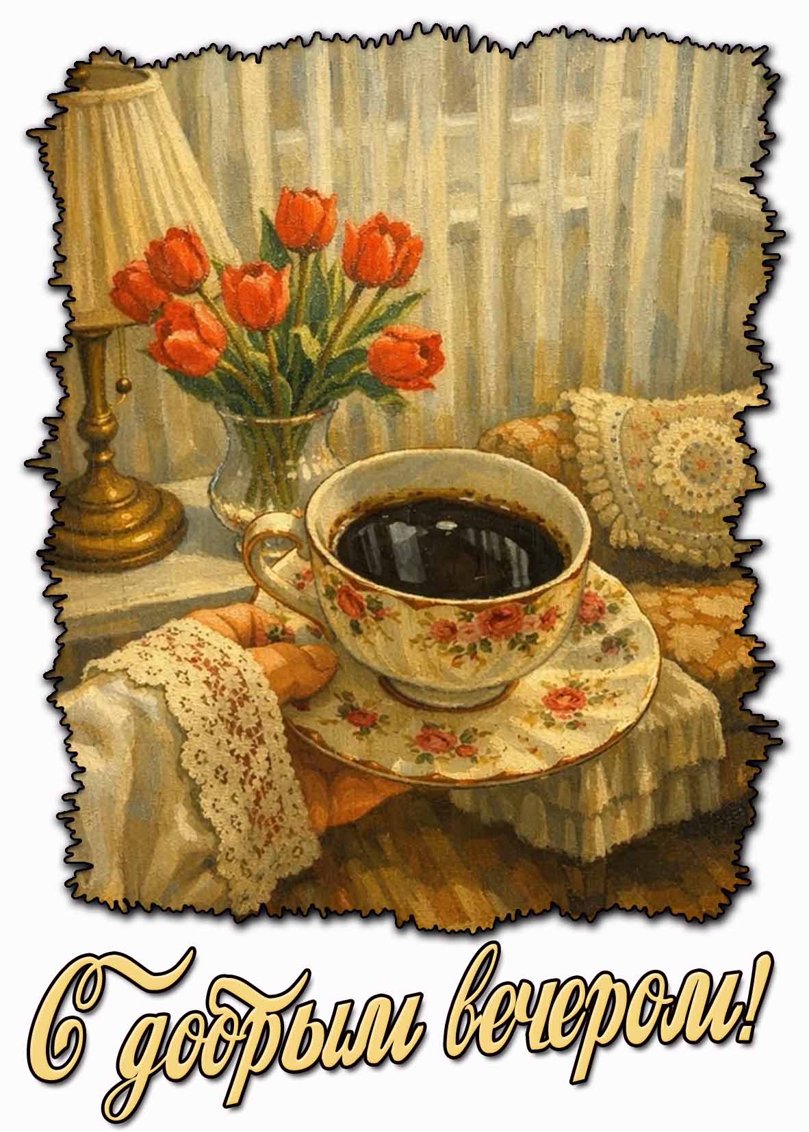 С добрым вечером! - красивая открытка с кофе
