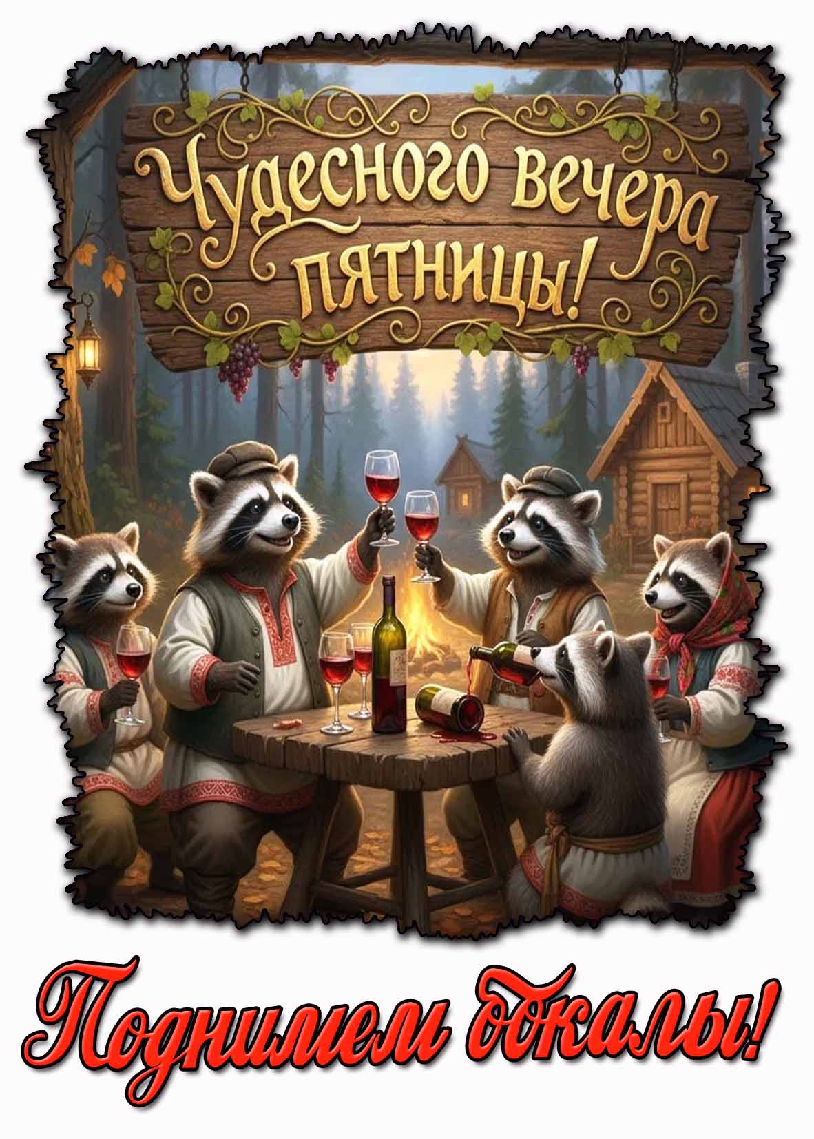 Смешная картинка "Чудесного вечера пятницы! Поднимем бокалы!"