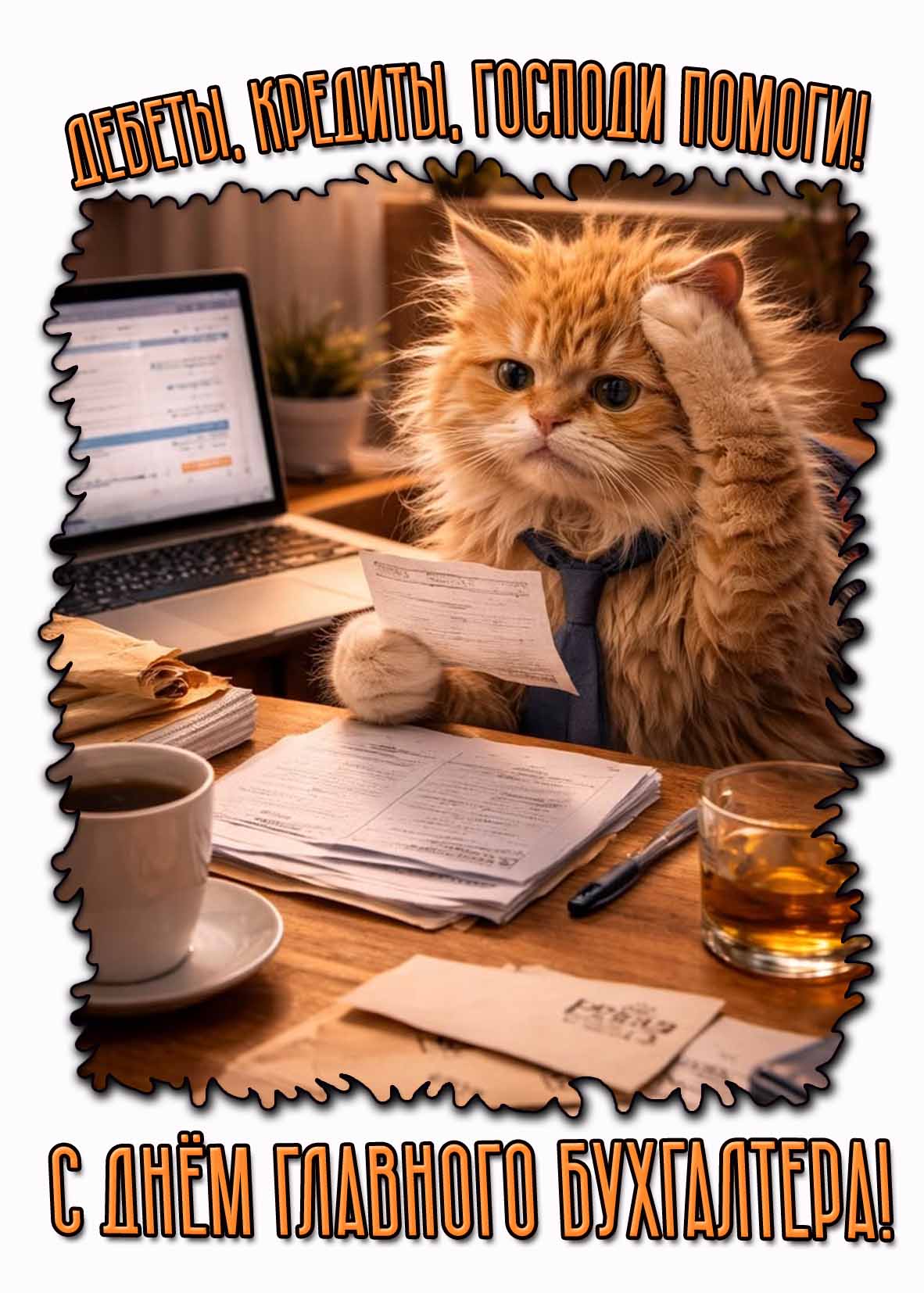 Смешная картинка "Дебеты, кредиты, господи помоги! С днём главного бухгалтера!"