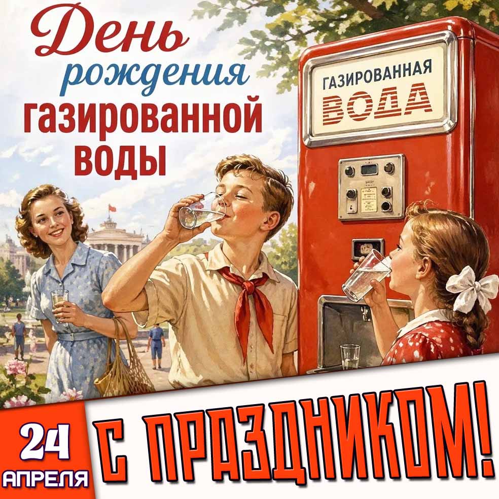 Советcкая картинка "24 апреля - день рождения газированной воды! С праздником!"