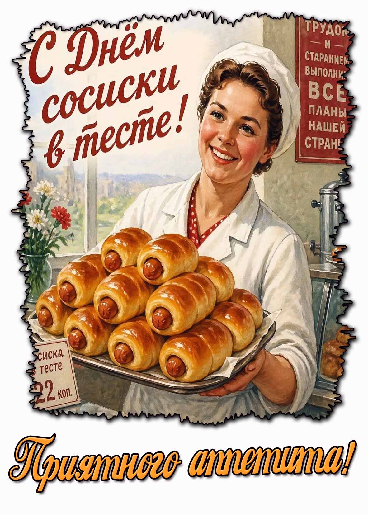Советская открытка "С днём сосиски в тесте! Приятного аппетита!"