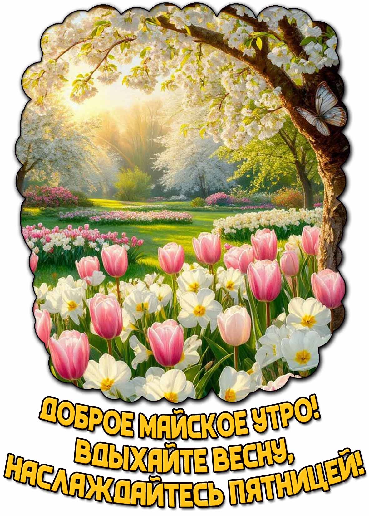Открытка "Доброе майское утро! Вдыхайте весну, наслаждайтесь пятницей!"
