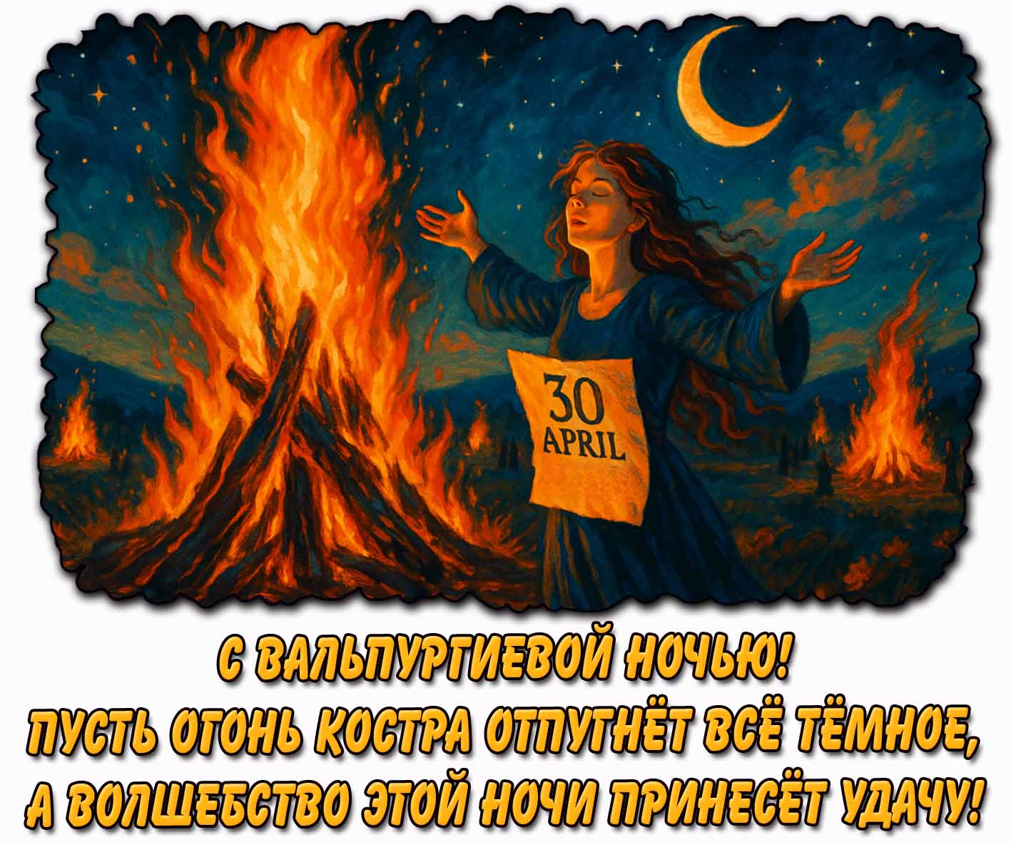 Картинка "С Вальпургиевой ночью! Пусть огонь костра отпугнёт всё тёмное, а волшебство этой ночи принесёт удачу!"