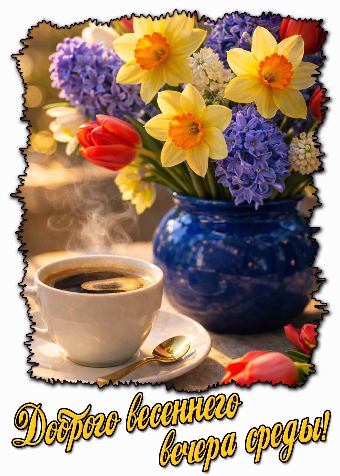 Доброго весеннего вечера среды! - картинка с цветами и кофе