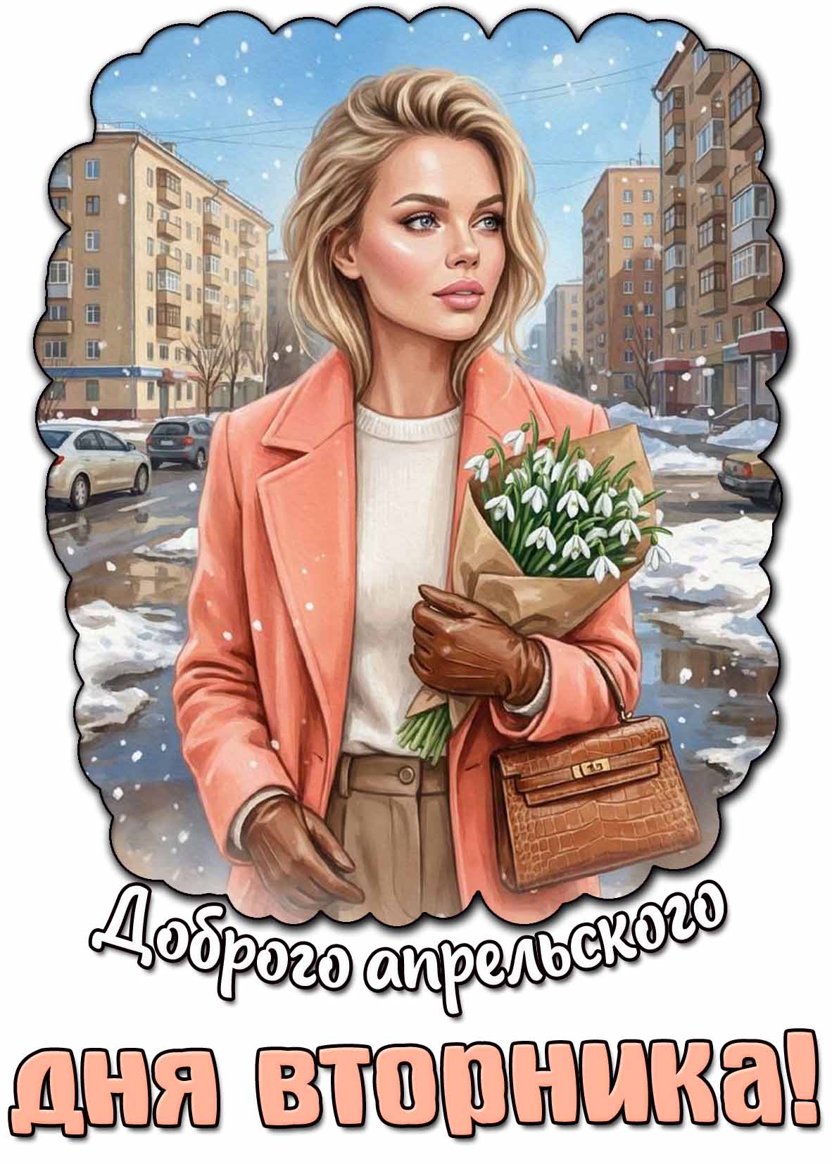 Открытка с девушкой с букетом подснежников на фоне снежного и слякотного города, чтобы пожелать : Доброго апрельского дня вторника! Открытка доброго апрельского дня вторника