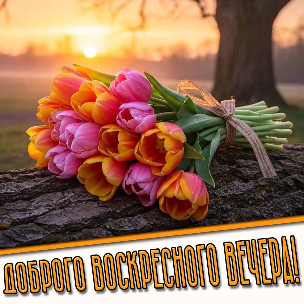 Доброго воскресного вечера! - открытка с тюльпанами