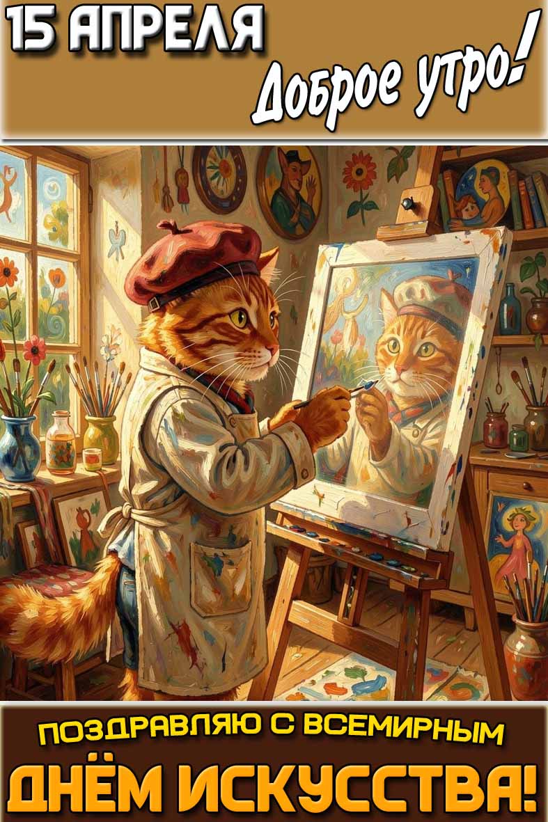 Прикольная картинка с котом-художником рисующим автопортрет и надписью : "15 апреля доброе утро! Поздравляю с Всемирным днём искусства!". Прикольная картинка "15 апреля доброе утро! Поздравляю с Всемирным днём искусства!"