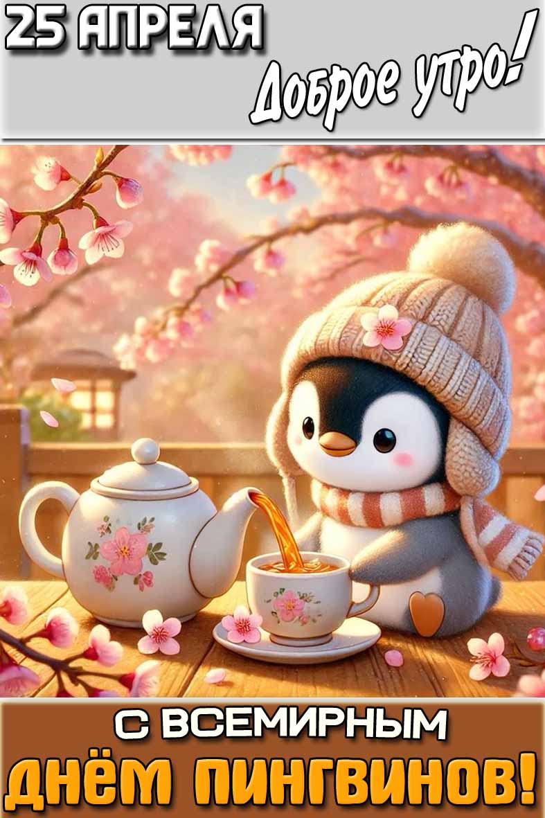Весенняя открытка "25 апреля доброе утро! С Всемирным днём пингвинов!"