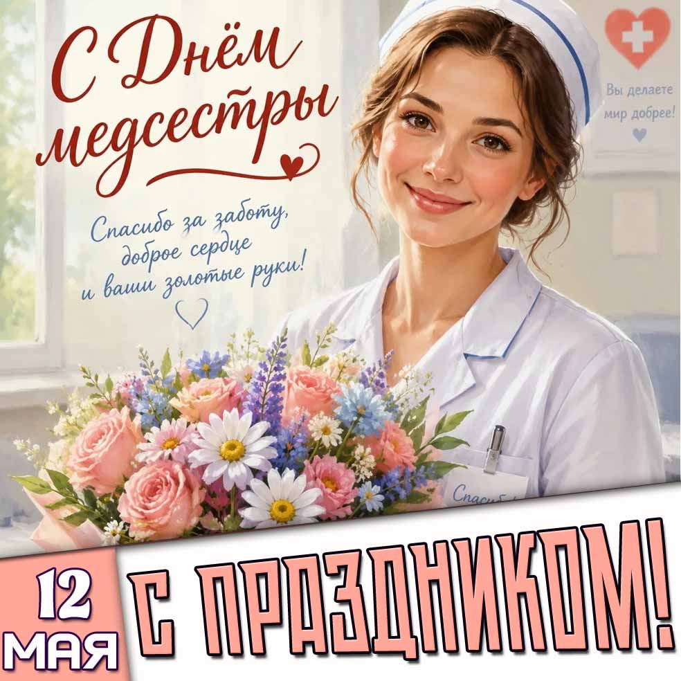 Открытка "12 мая - с днём медсестры! Спасибо за заботу, доброе сердце и ваши золотые рука!"