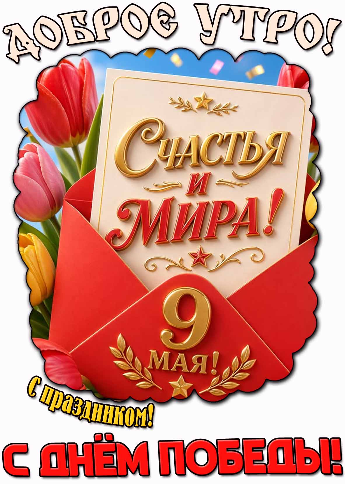 Открытка "9 мая доброе утро! С праздником! С днём победы! Счастья и мира!"