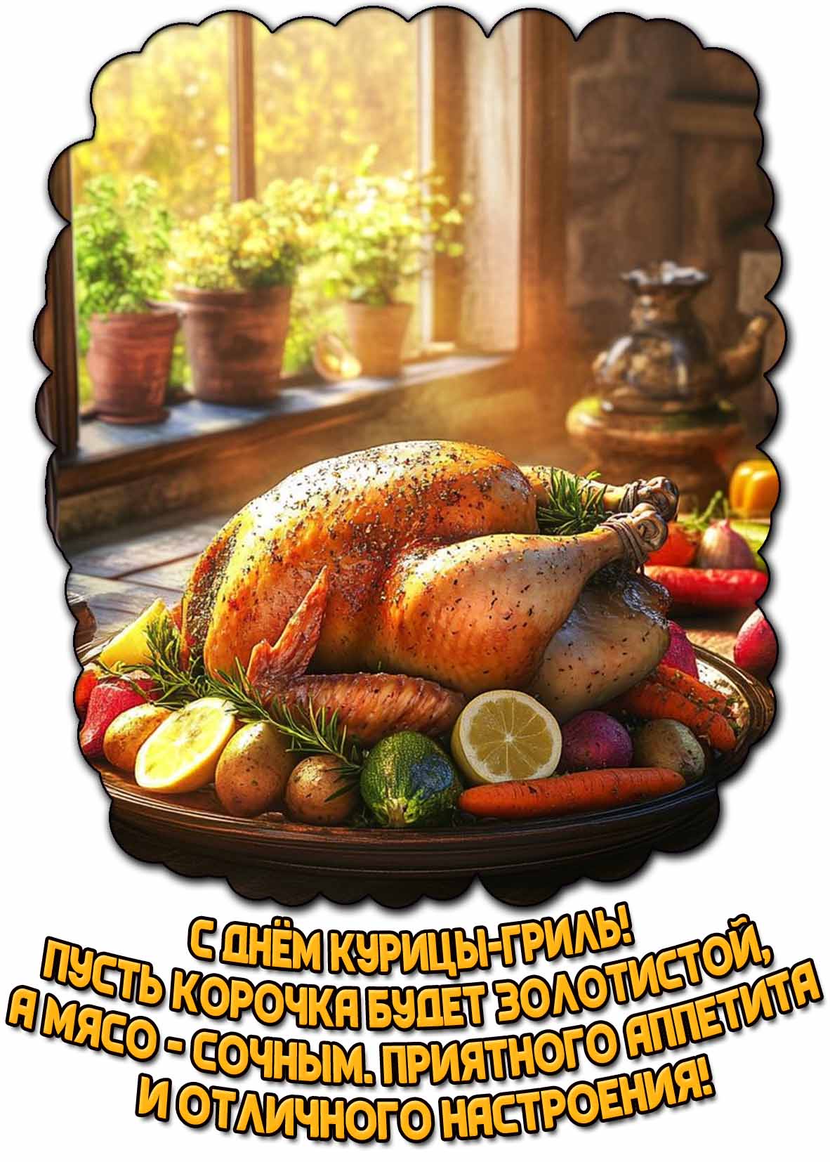 Открытка "С днём курицы-гриль! Пусть курочка будет золотистой, а мясо - сочным. Приятного аппетита и отличного настроения!"