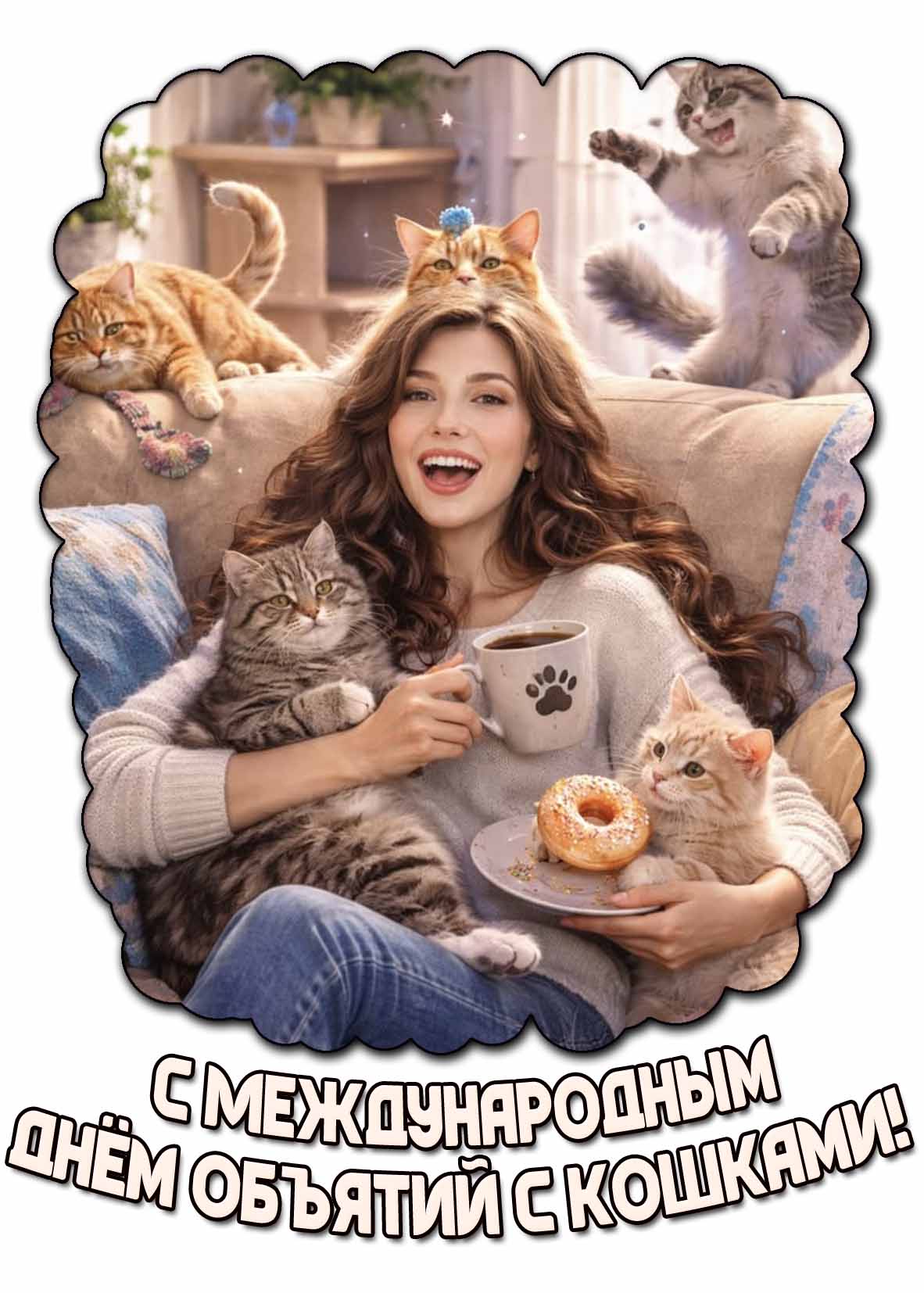Смешная открытка с Международным днём объятий с кошками