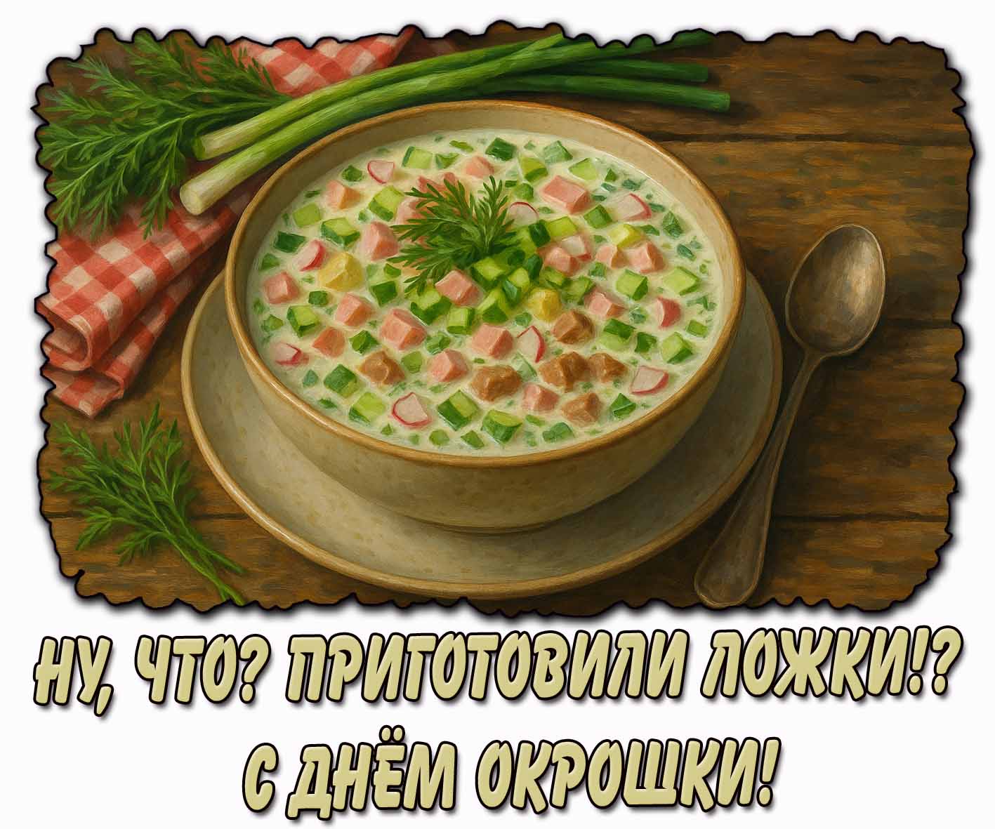 Прикольная открытка "Ну, что? Приготовили ложки!? С днём окрошки!"