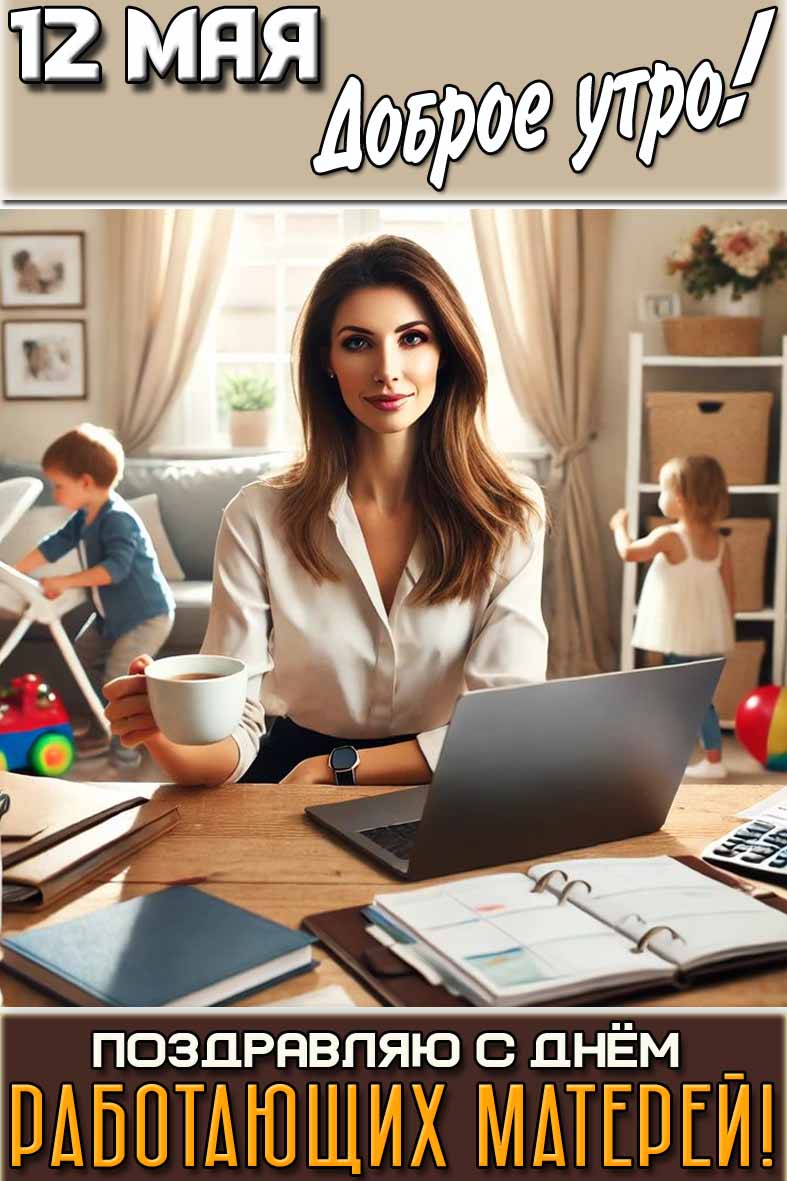 Открытка "12 мая доброе утро! Поздравляю с днём работающих матерей!"