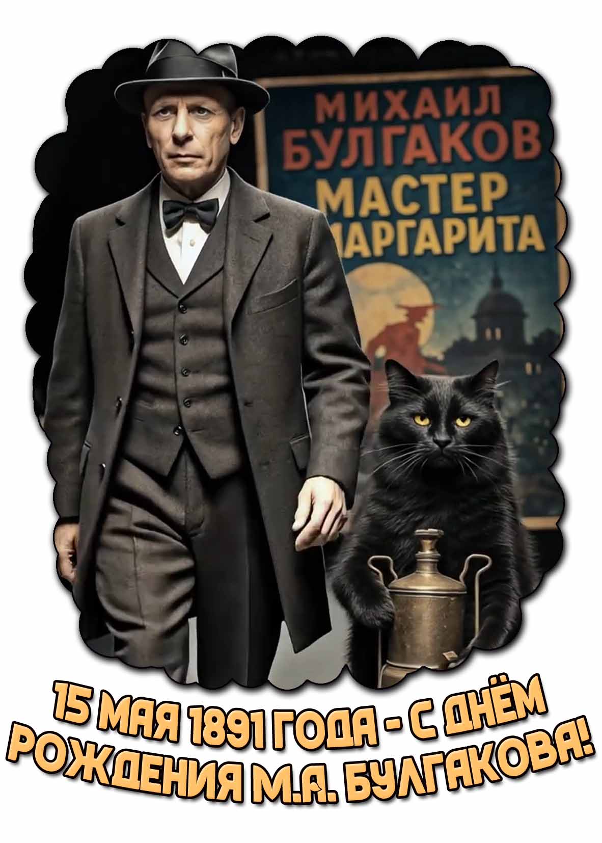 Прикольная открытка "15 мая 1891 года - с днём рождения М. А. Булгакова!"